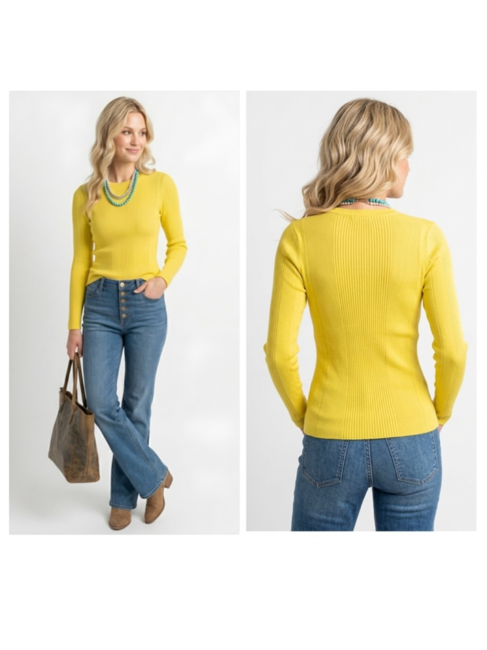 Karen Millen Yellow Ribbed Knit Sweater Womens Size S Long Sleeve Crew Neck Top